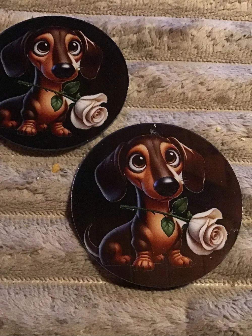 Dachshund Dog Coaster Set - Brown Dachshund with White Rose